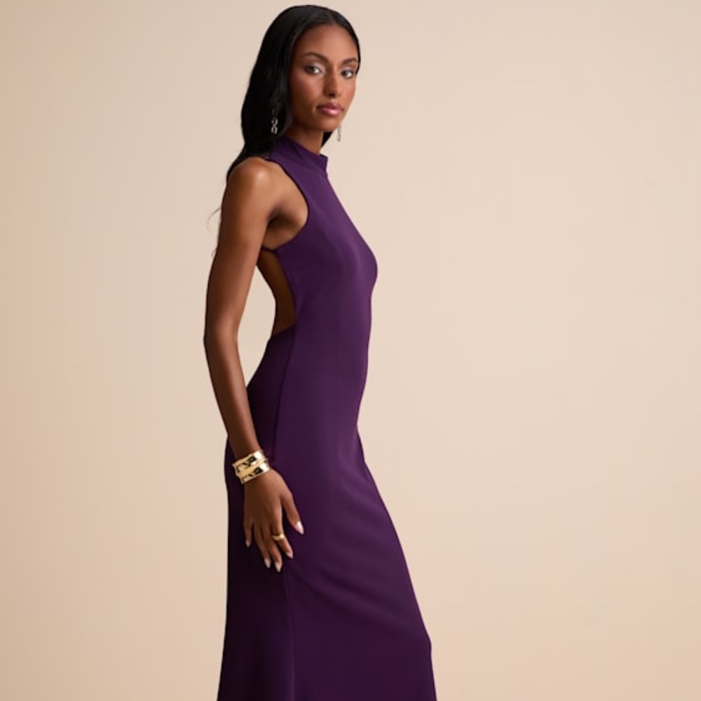 Lulus Damaris Dark Purple Mock Neck Backless Maxi Dress - Size L